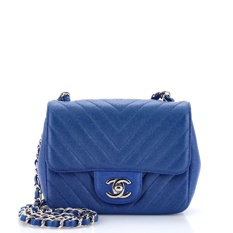 Square Classic Single Flap Bag Chevron Caviar Mini