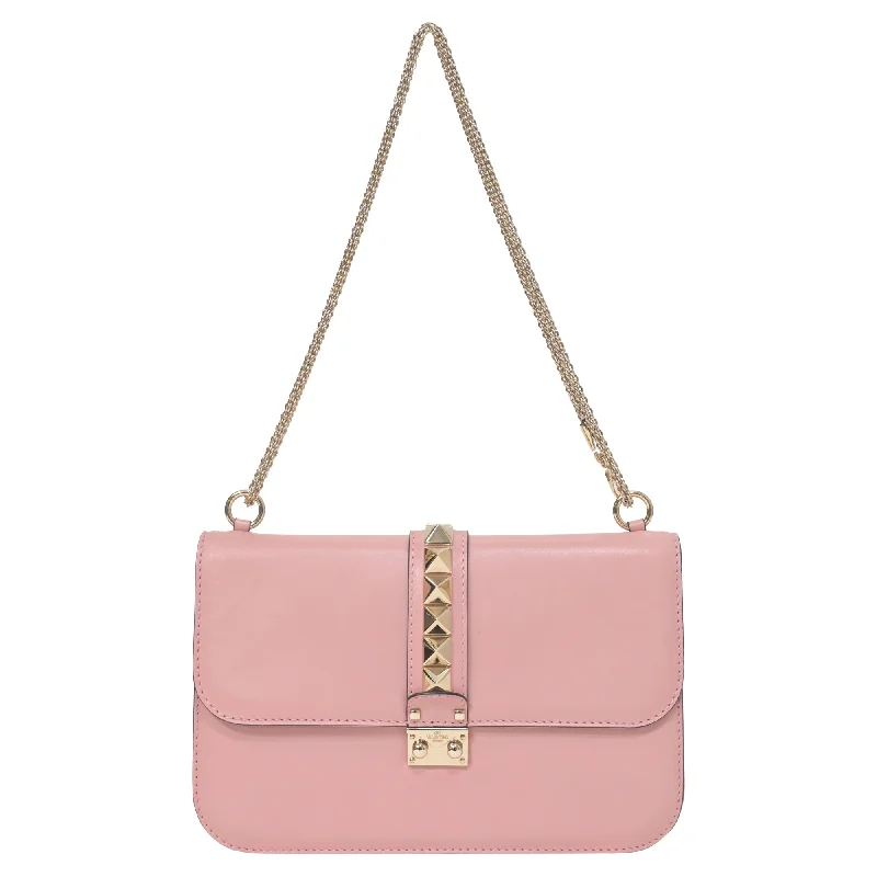 Valentino Medium Rockstud Glam Lock Flap Shoulder Bag in Pink Leather