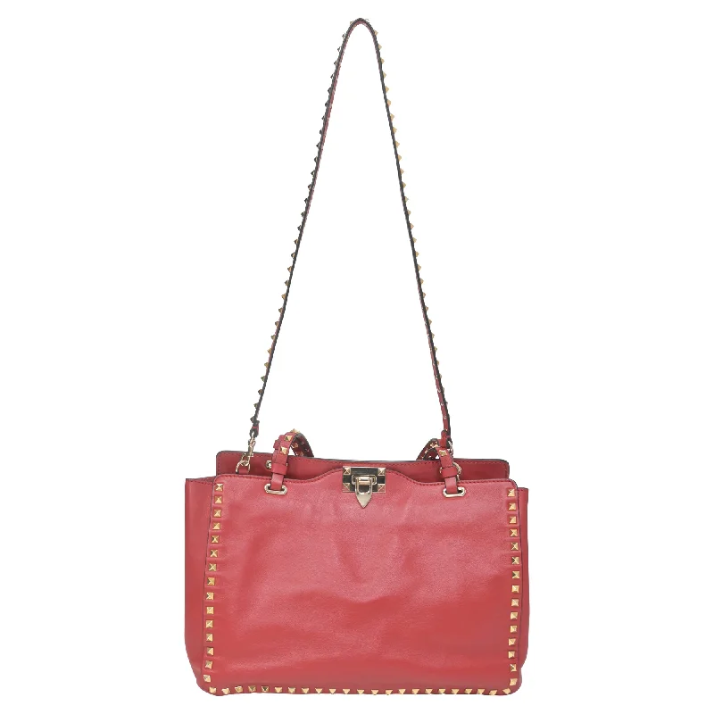 Valentino Rockstud Medium Tote in Red Leather